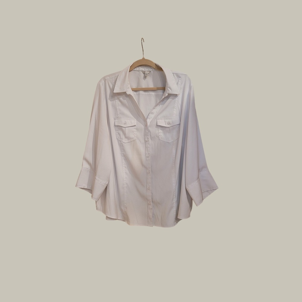 Cato White Button Down Shirt Womens 22/24W Stretch 3/4 Sleeve Pocket‎ Blouse